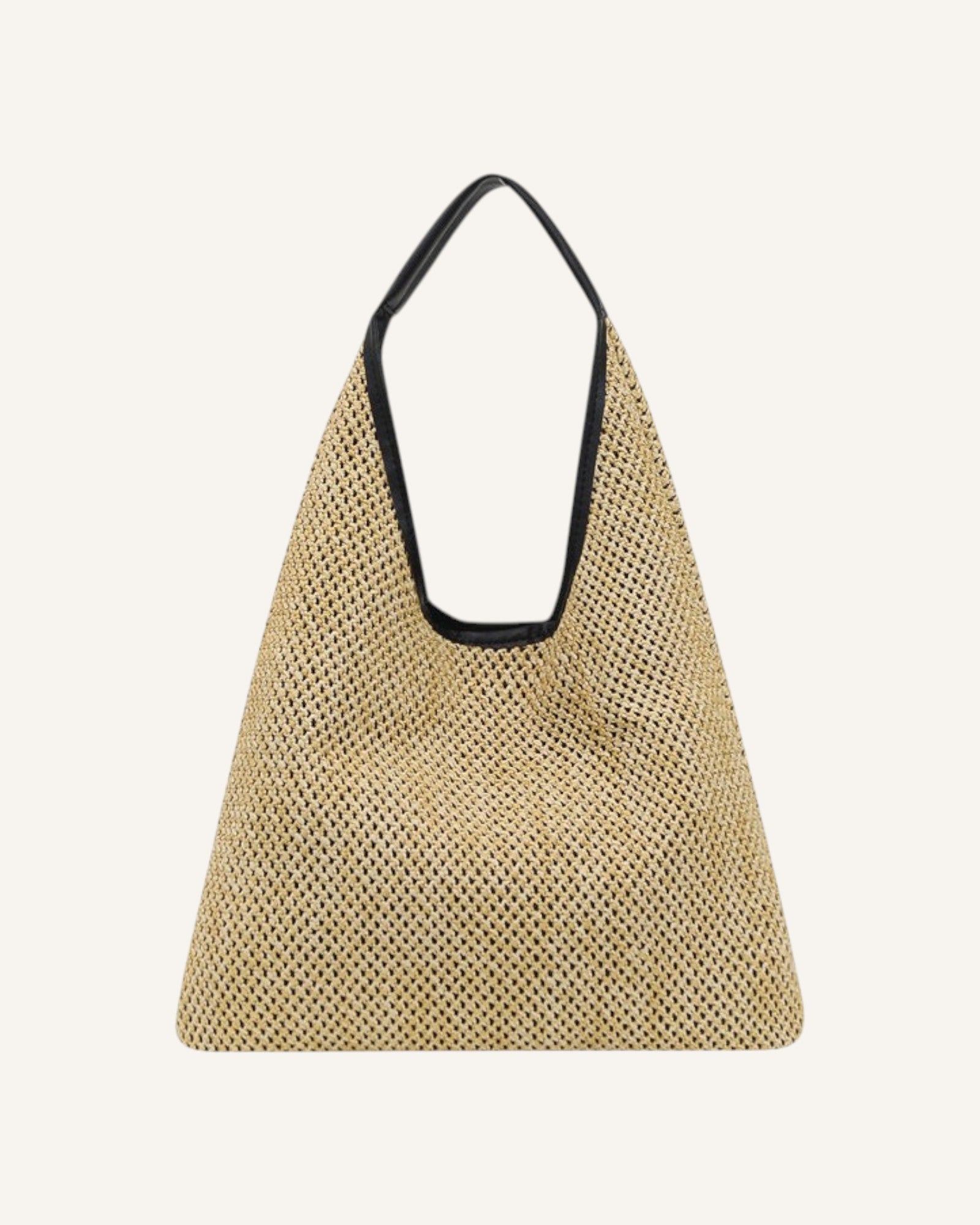 Lunéra de Paris woven triangle shoulder bag in beige with a black contrast strap and unstructured silhouette